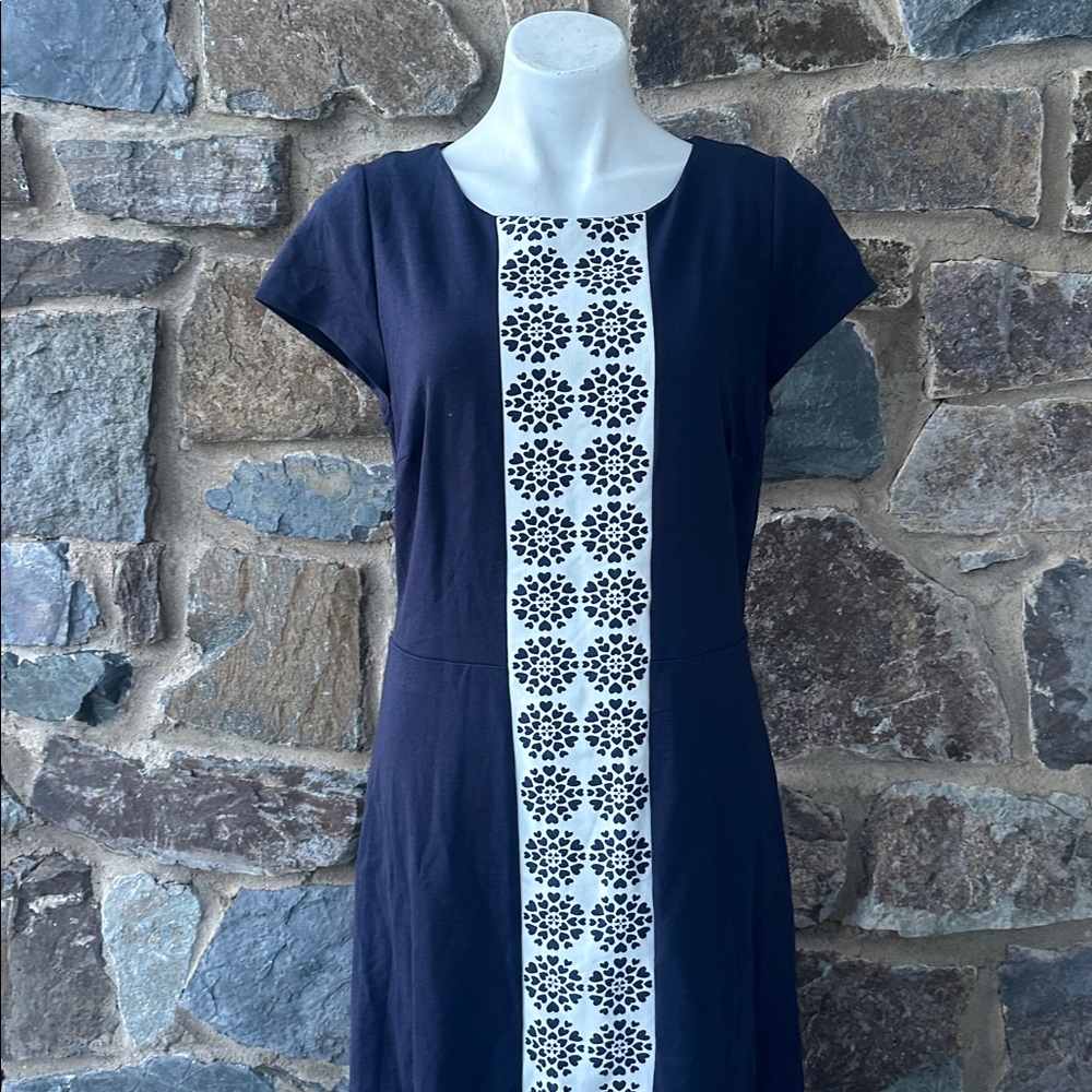 Boden Frederica Geometric Heart Ponte Cap Sleeve Midi Dress Navy Blue size 12 - Picture 3 of 8